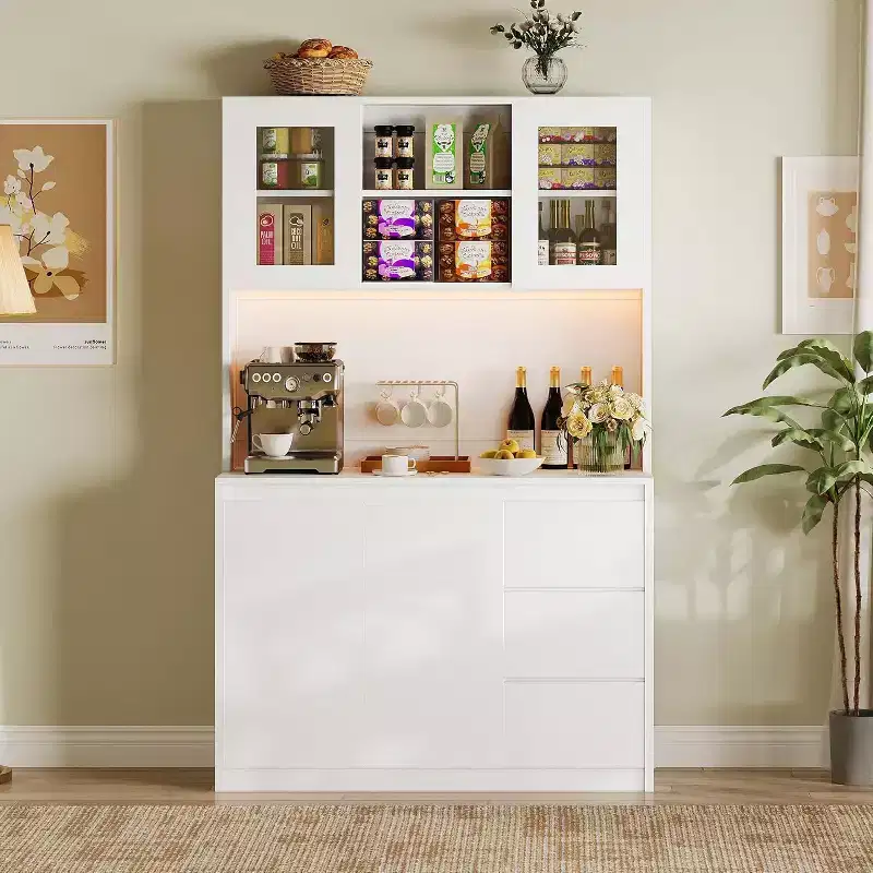 71inTall Kitchen Pantry Cabinet, Kitchen Storage Hutch with Led Lights Power Outlets, Microwave Stand, Glass Door, Adjustable Shelves, Handless Design