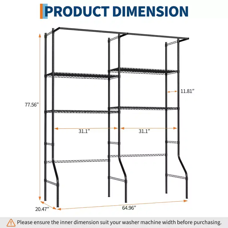 Laundry Shelf Over Washer Dryer, 6-Tier 57.8W x 22D x 77.4H Carbon Steel Storage Shelves with Hanging Rods