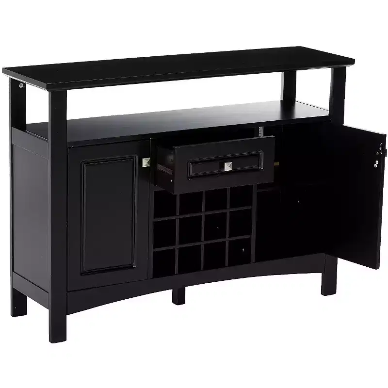 9-Bottle Wine Rack Buffet Server Console Table with Glass Doors, Espresso Solid Wood