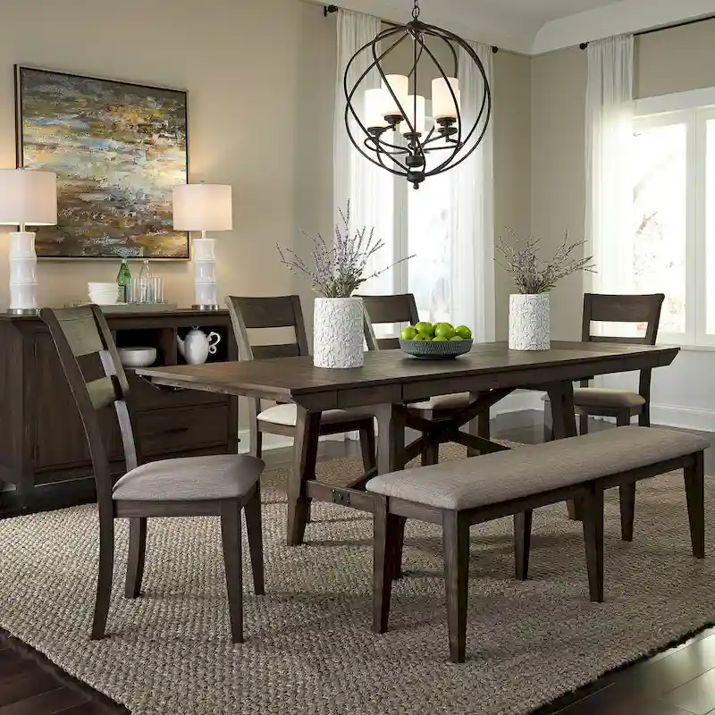 Double Bridge Dark Chestnut Trestle Table Set