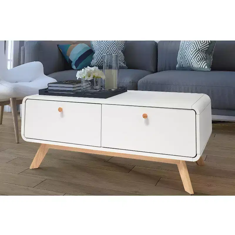 Ren Home Leva Scandinavian 2 Drawer Curved Entertainment Console, White