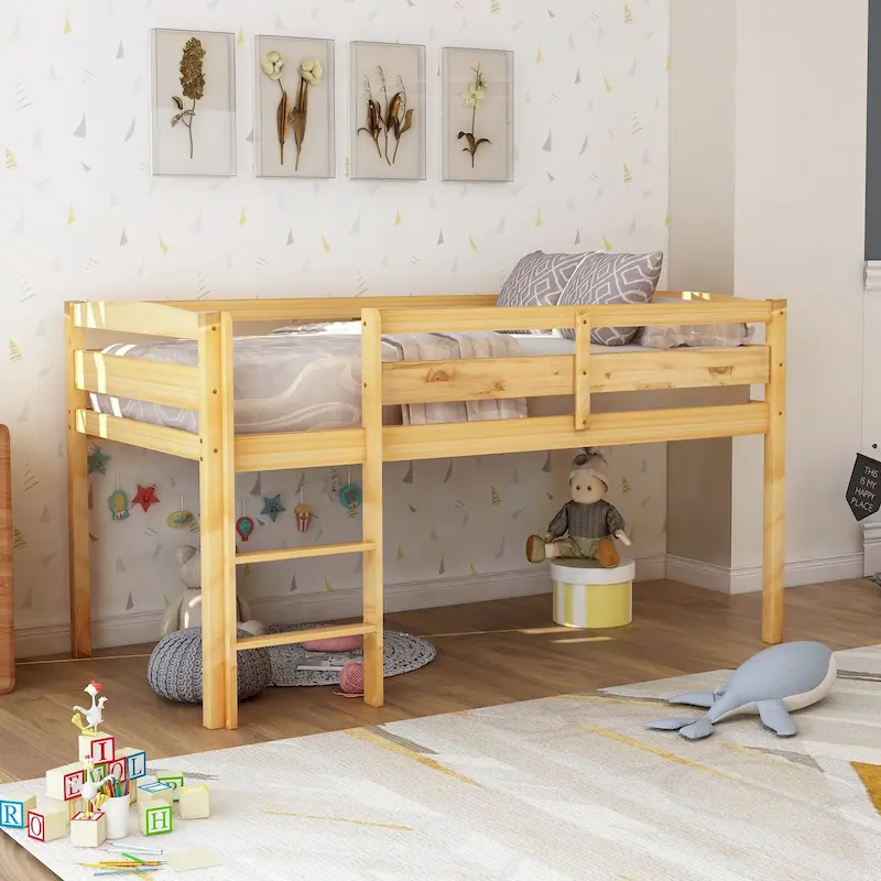 Twin Low Loft Bed with Ladder & Guardrails – Walnut / White / Espresso, Pine & MDF, Single