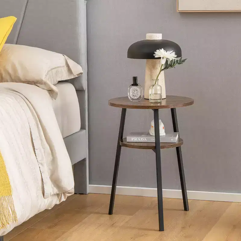 Costway 2PCS 2-Tier Bedside End Table Round Nightstand for Bedroom Living Room Brown/Walnut