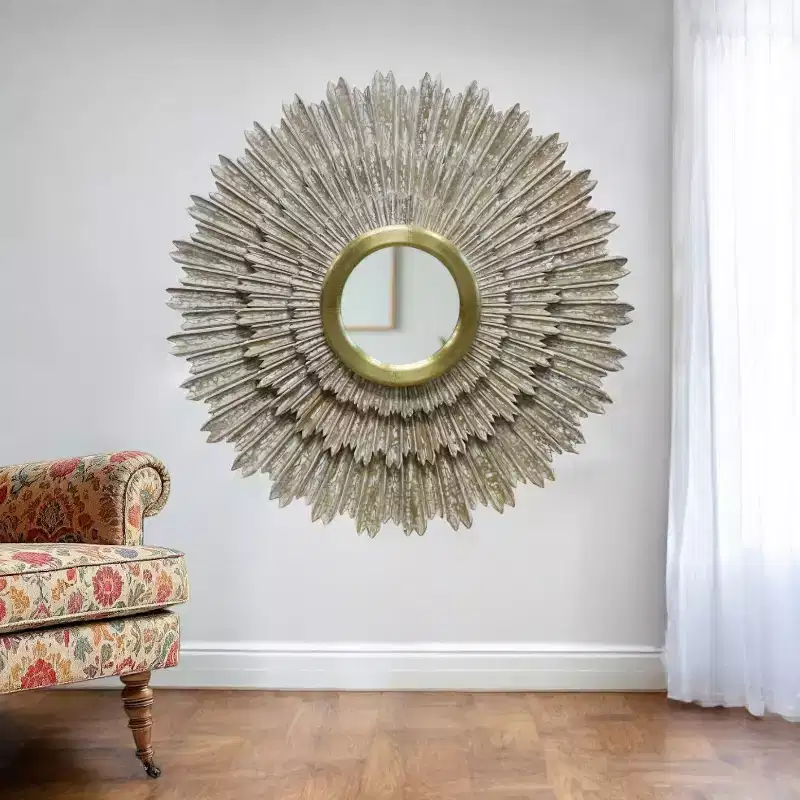 HomeRoots 44 Antiqued Gold Sunburst Wood and Metal Framed Accent Mirror