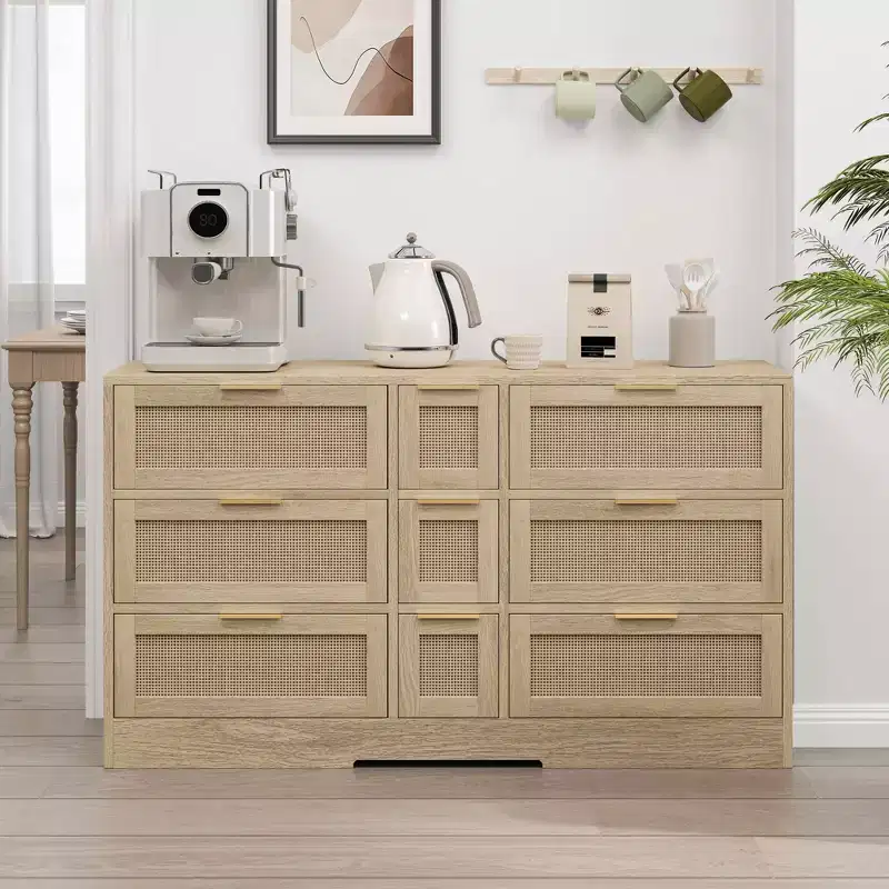 MAYEERTY 51.2 Rattan Storage with 9 Drawers Metal Handles for Kitchen Living Room Bedroom Natural