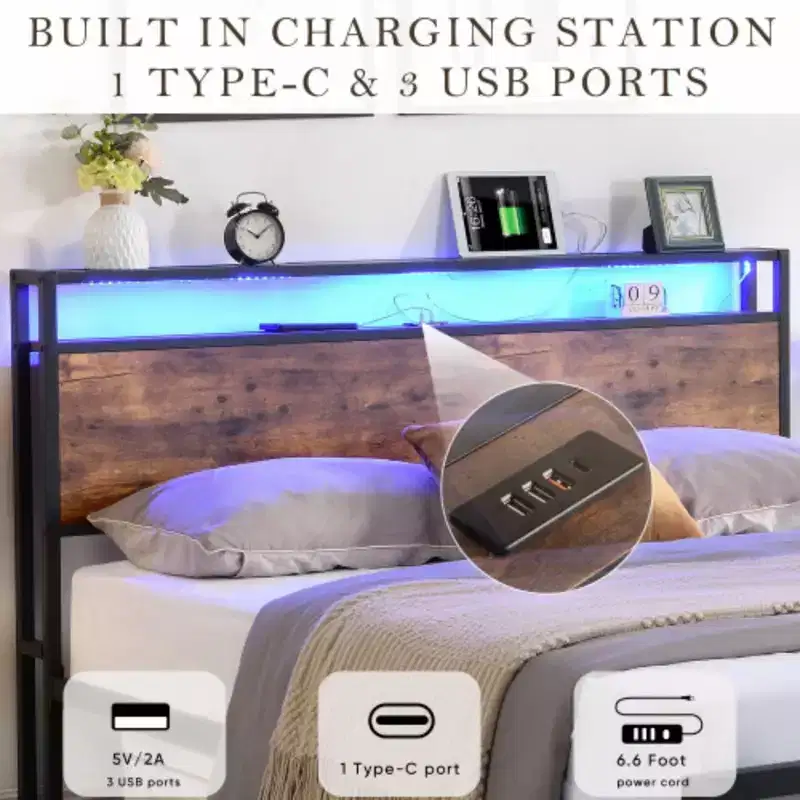 Full Size Metal Bed Frame with Storage, LED Lights, Charging, No Box Spring