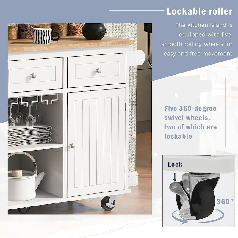 Kitchen Island Cart with Wheels ,Power Outlet, Drop Leaf, Wine Rack