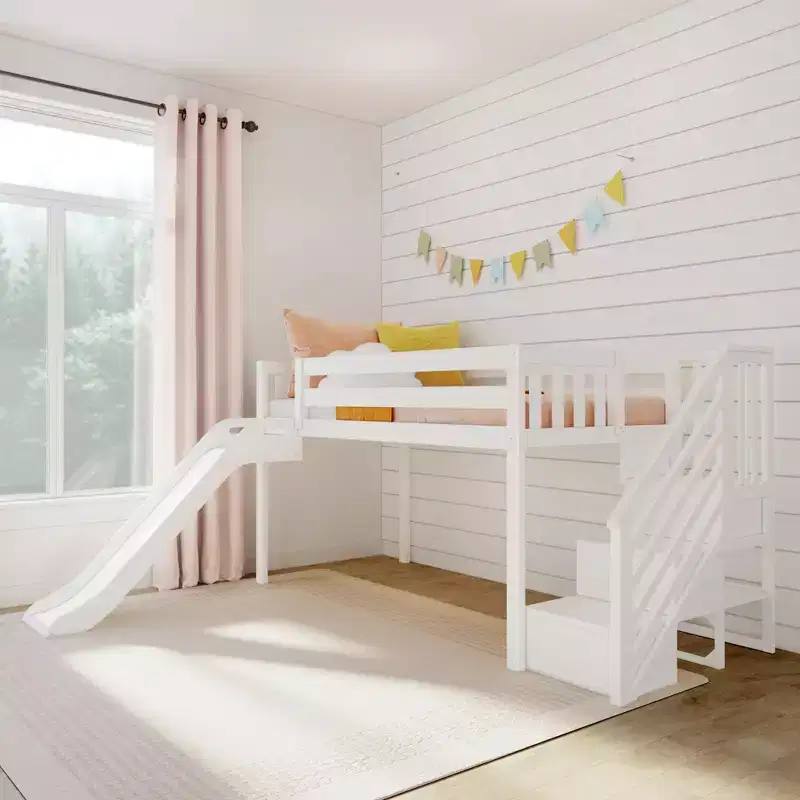 Twin Size Low Loft Bed with Slide and Stairs, Solid Wood Kids Platform Bed