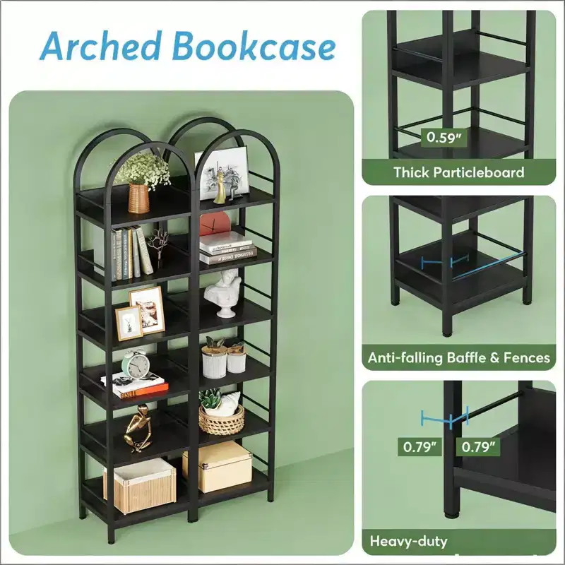 NAYSAYE Arched Corner Bookshelf 6 Tier Metal Wood Display Shelf Compact Storage Rack for Living Room Office, Black, 17.34*11.82*78.8