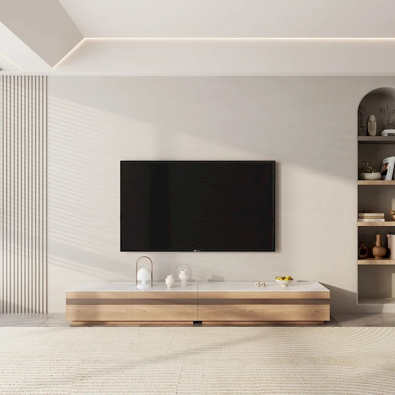 Modern Light Wood TV Stands, Glossy Stone Table-top, 3-6Drawers, Fully Assembled