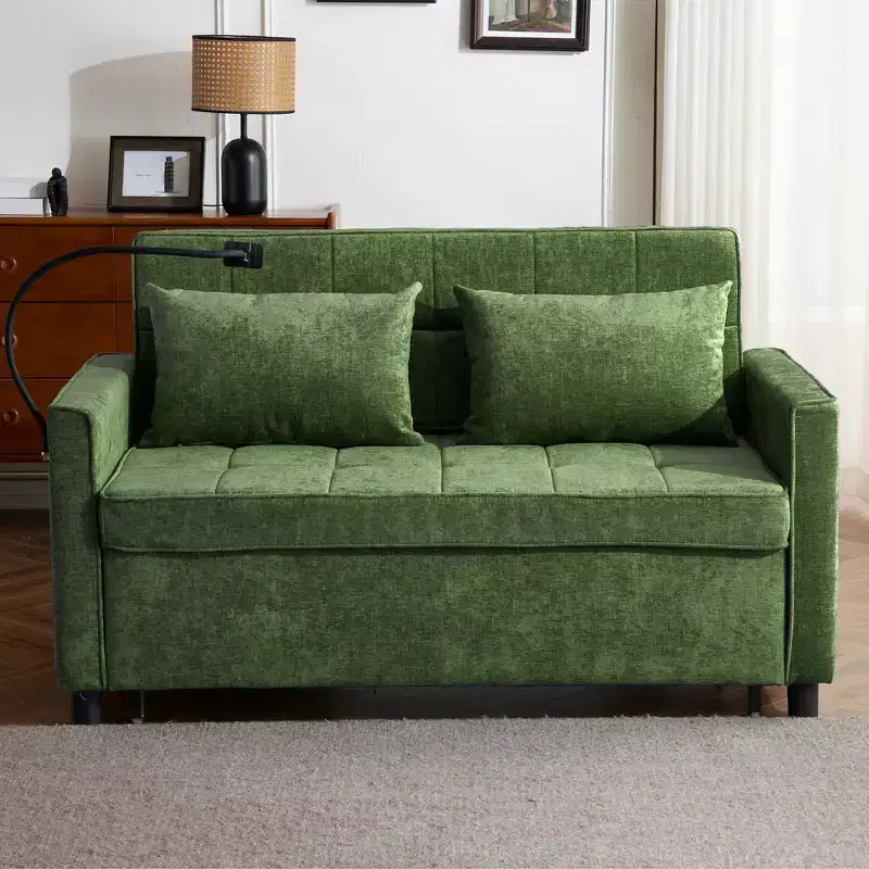 MAYEERTY 56.9 Inch Loveseat Pull Out Sleeper Sofa Bed with Reversible Backrest Cushion Side Pockets Phone Holder for Living Room Green