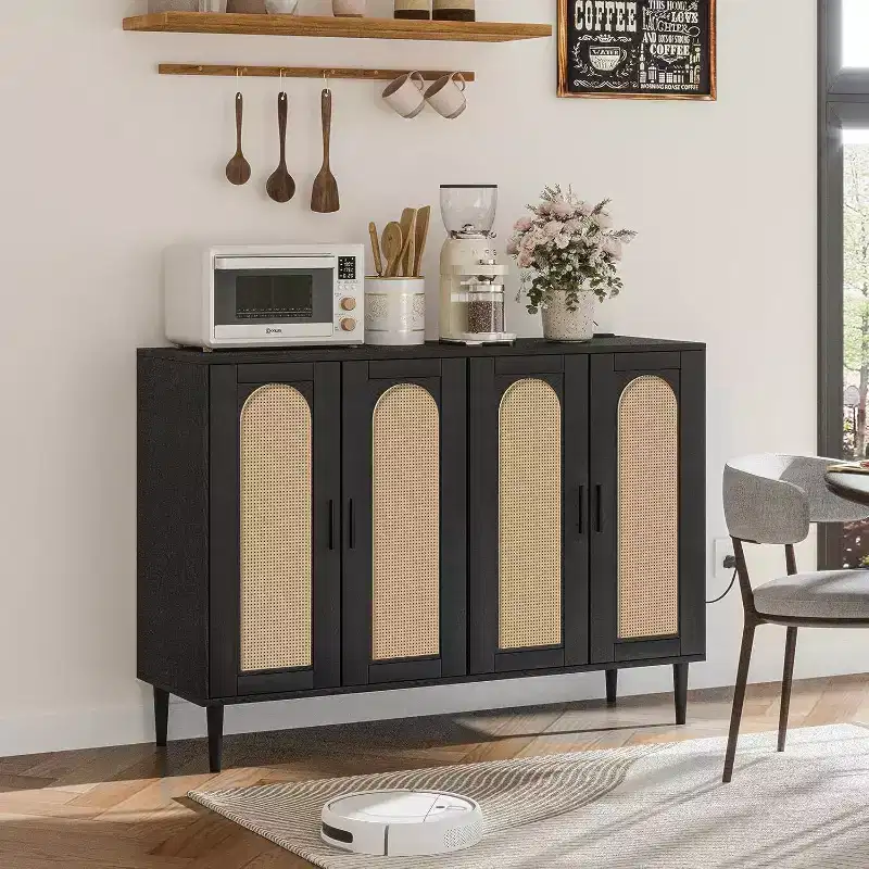 Rattan Buffet Cabinet with Power Outlet & Adjustable Shelves Storage Sideboard for Kitchen, Dining Room, Entryway (Black)