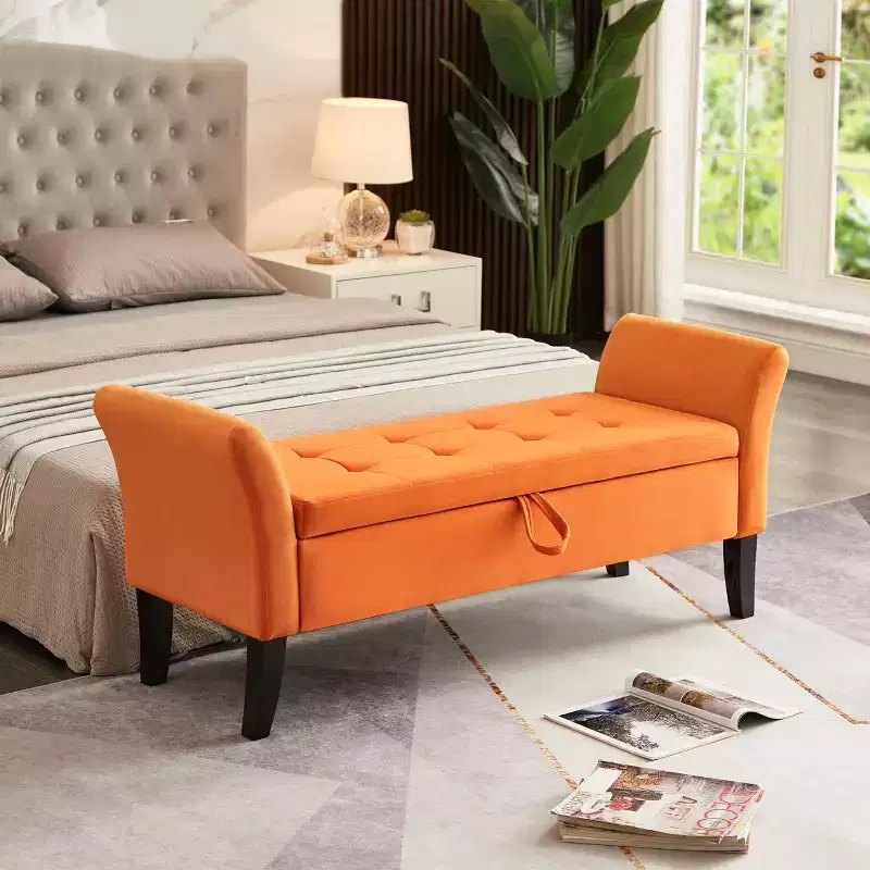 MAYEERTY Velvet Storage Bench, Tufted Uphollstered Bench with Solid Wooden Legs, Multi-Purpose Ottoman for Bedroom Living Room Hallway Gray