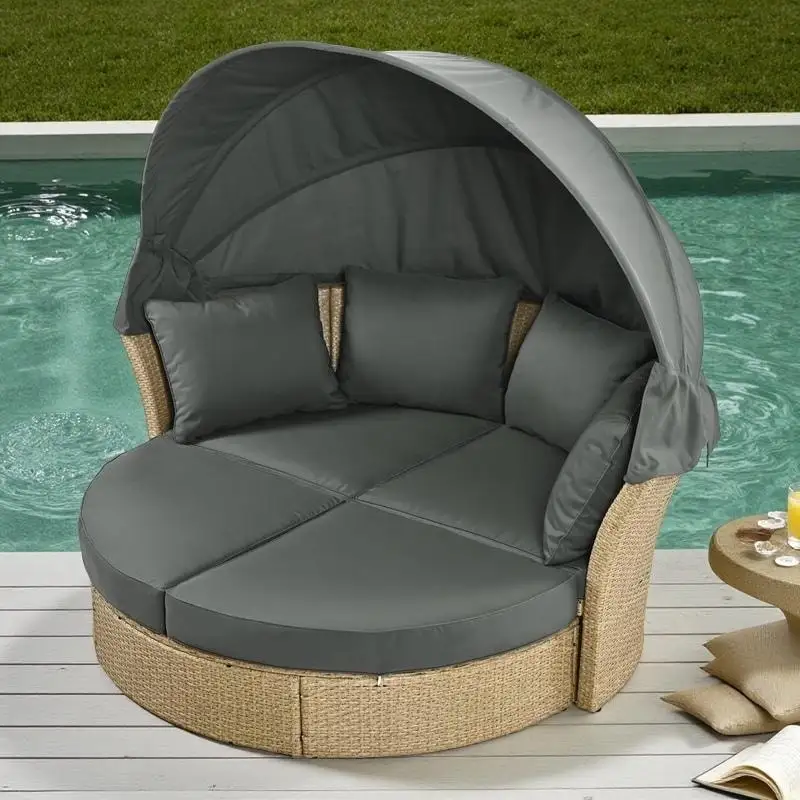 57 Outdoor Patio PE Rattan Round Daybed Sunbed with Retractable Canopy and 4 Pillows