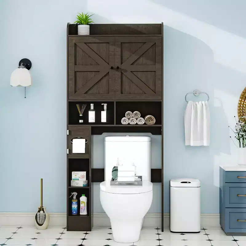 Over The Toilet Storage Cabinet with Barn Doors Farmhouse Bathroom Organizer with Toilet Paper Holder Adjustable Shelf