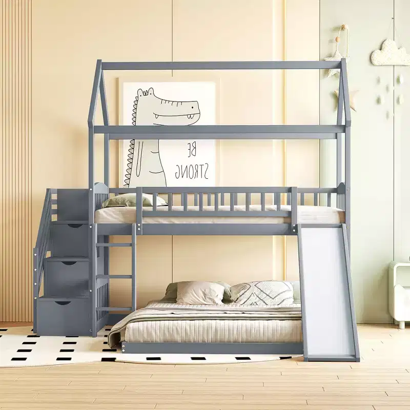 Whisen Twin Over Full Bunk Bed with Slide, House Bed with Slide