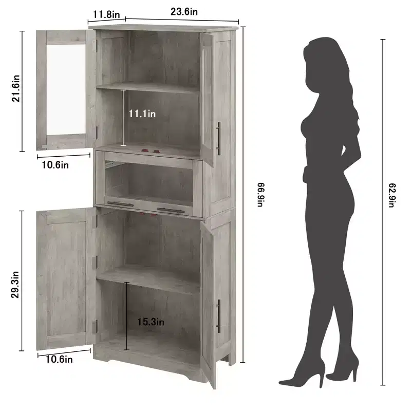 67 Tall Kitchen Pantry Storage Cabinet with Glass Doors, Adjustable Shelves, Drawer, for Bathroom, Dining Room, Living Room