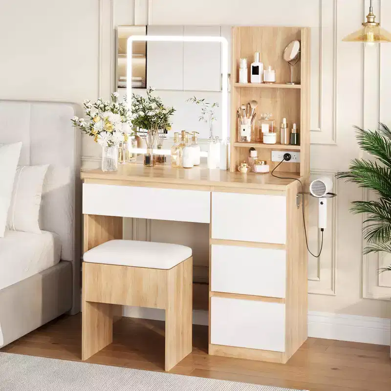 GustoWave Vanity Desk with Mirror and Lights - Modern Makeup Dressing Table with Outlets, Storage Stool, 4 Drawers - 3 Colors LED Vanity Mirror