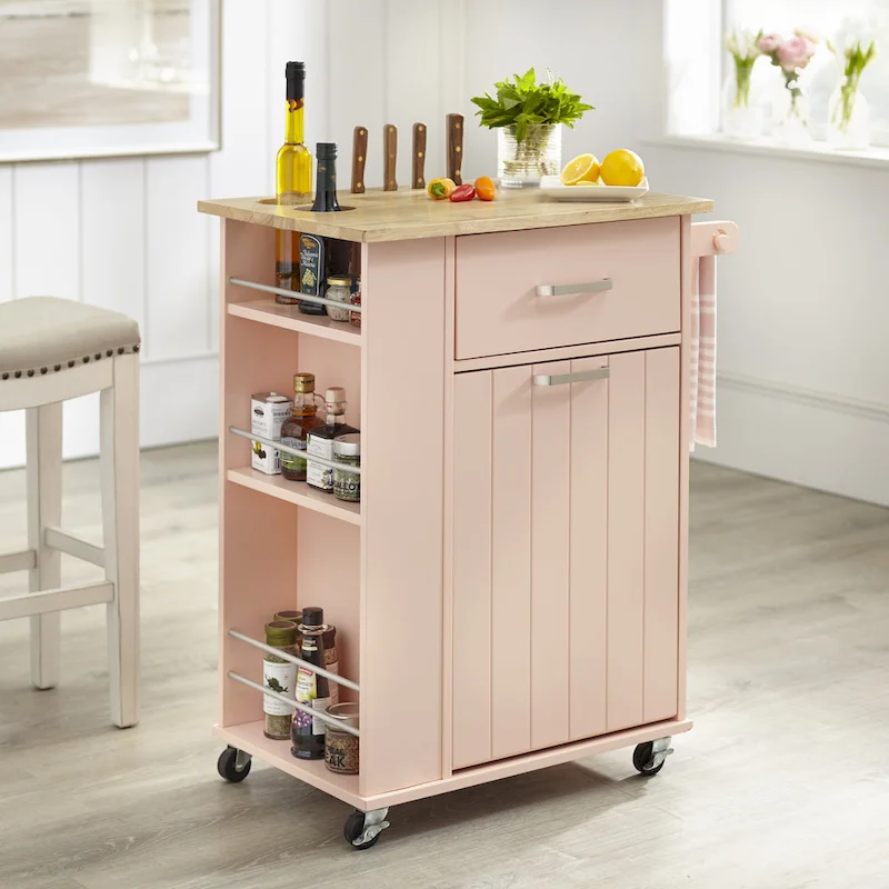 Rolling Kitchen Cart with Storage Shelves, Butcher Block Top, Wheels