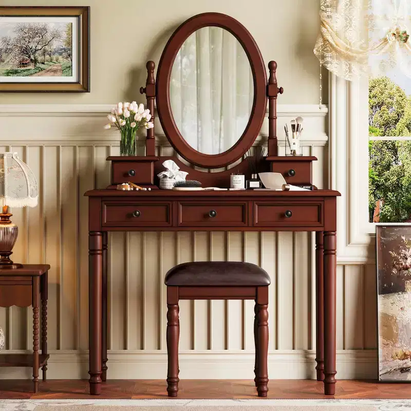 Okak Vintage Wooden Makeup Vanity with Adjustable Angle Mirror, Vanity Table with 5 Drawers and Cushioned Stool, Vanity Desk for Bedroom