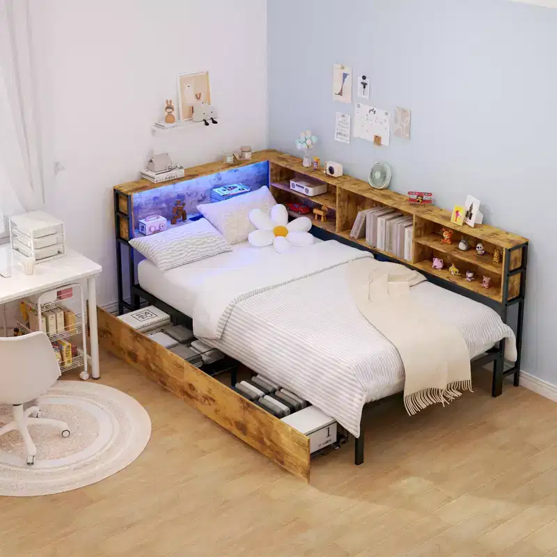 Corner Bed Frame with Storage Bookcase, Twin Daybed with Storage Drawers Underneath, Kids Bed Unit with Charging Station