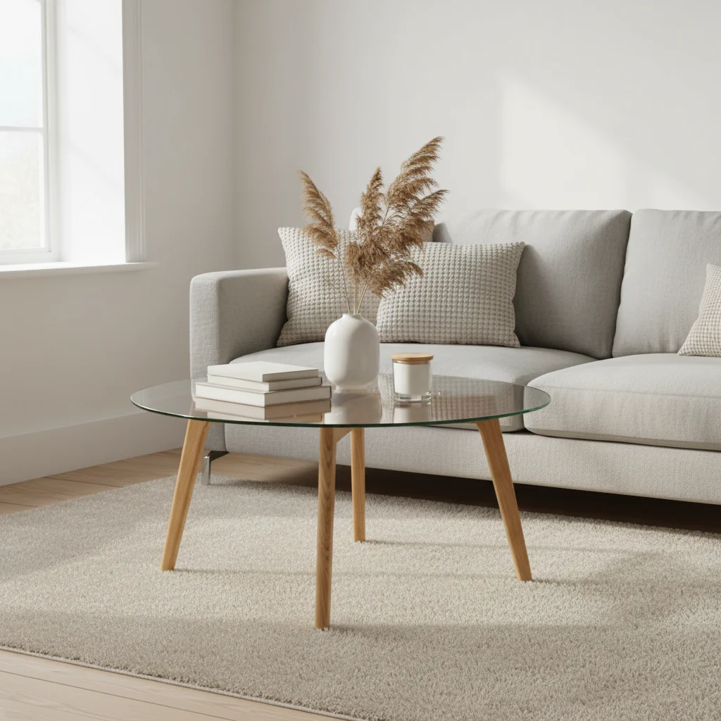 Mid-Century Modern Style Round Glass Coffee Table — 35.4 x 35.4 x 17.7 — W35 x D35 x H18