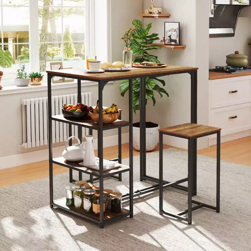 Costway 3-Piece Bar Table Set 2 Person Dining Furniture Set w/2 Stools 3 Storage Shelves