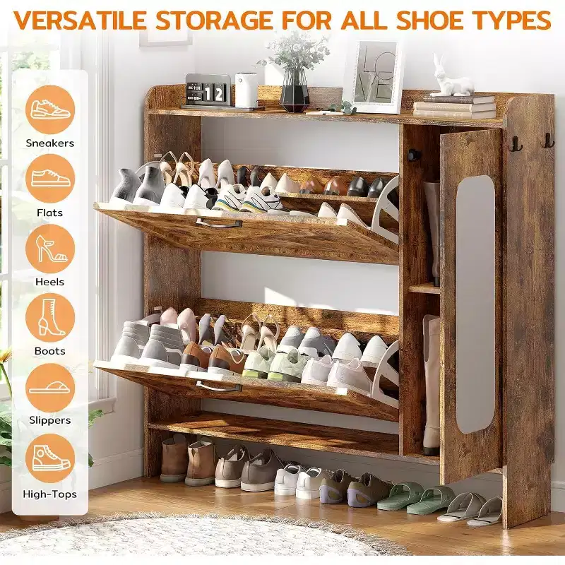 Shoe Storage Cabinet with 2 Flip Drawers & Side Cabinet, Shoe Rack Organizer with Mirror and Adjustable Shelves, Dark Brown