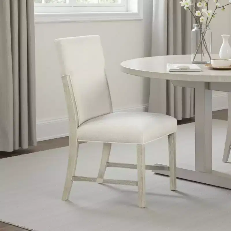 Royal Hampton Side Dining Chair Set of 2, Natural Brown Solid Wood, Soft White Fabric