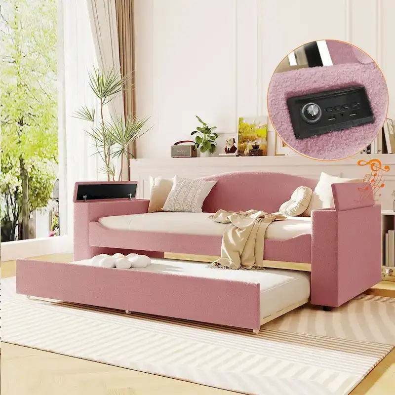 Twin Size Fleece Daybed with Storage Armrests and Trundle, Upholstered, Space-Saving Kids Bed