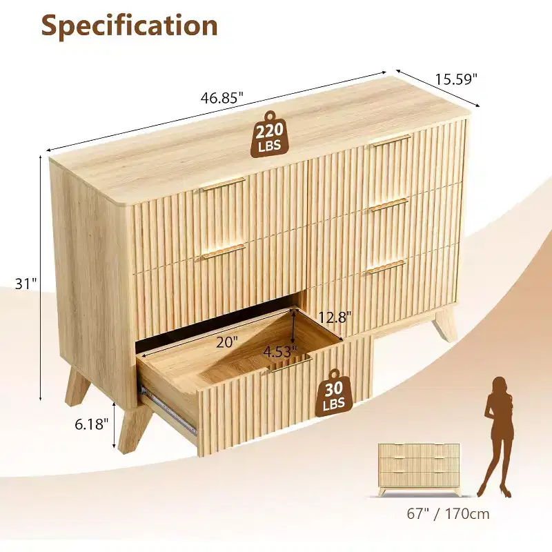 Fluted Dresser 6 Drawer, Wood Dresser for Bedroom with Rounded Edges