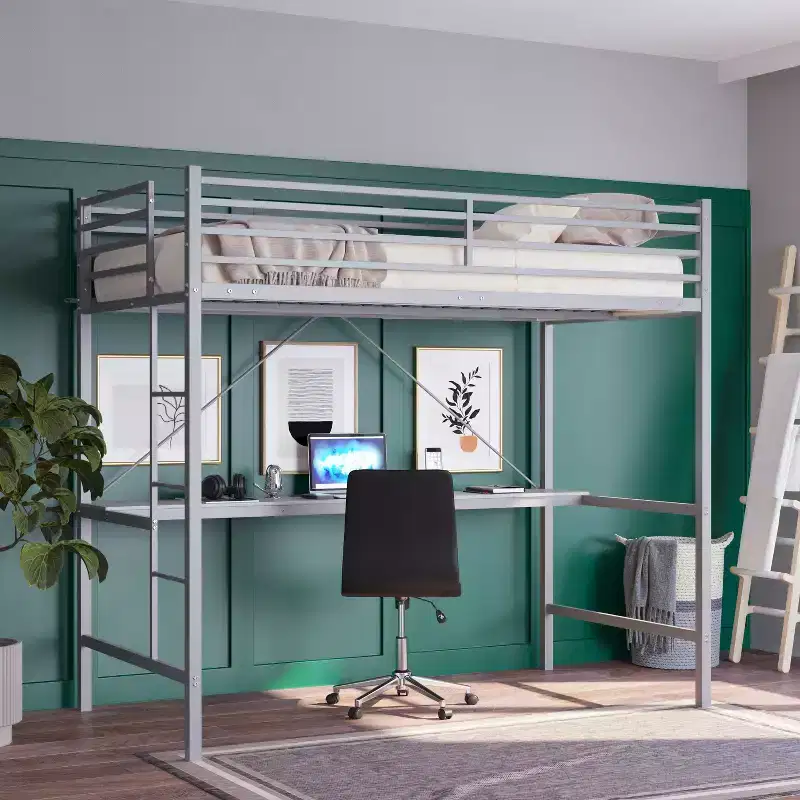 Metal Loft Bed Frame with Desk, Guard Rails and Ladder for Kids, Teens and Adults