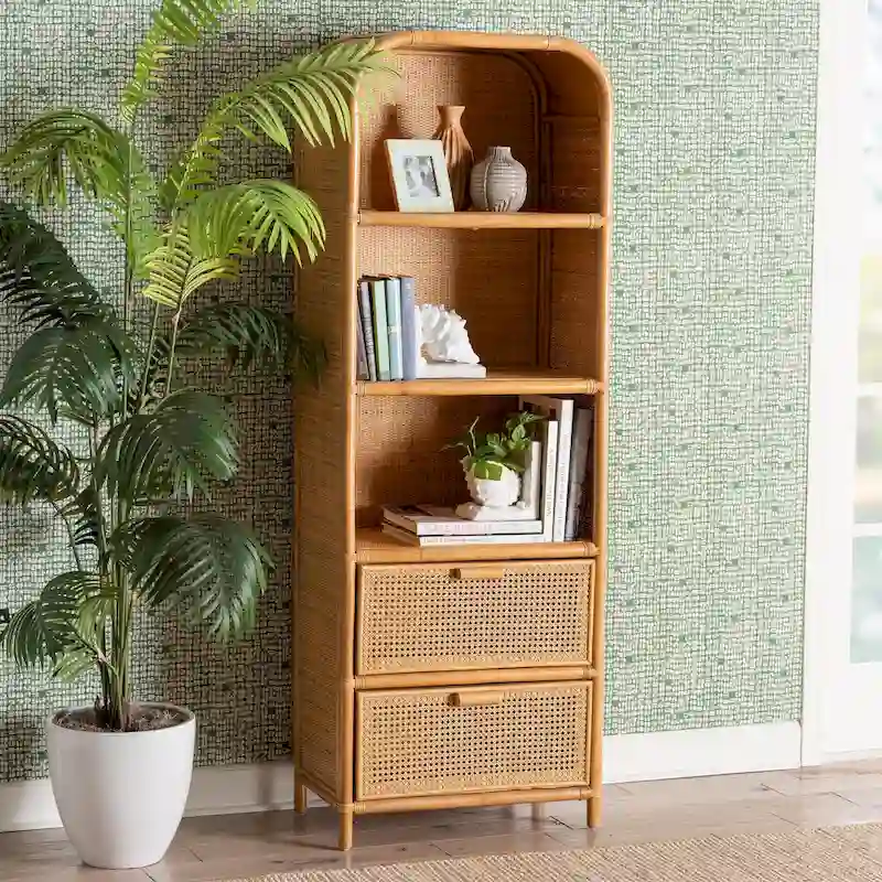 Bohemian Rattan 2-Drawer Bookcase with Open Shelves