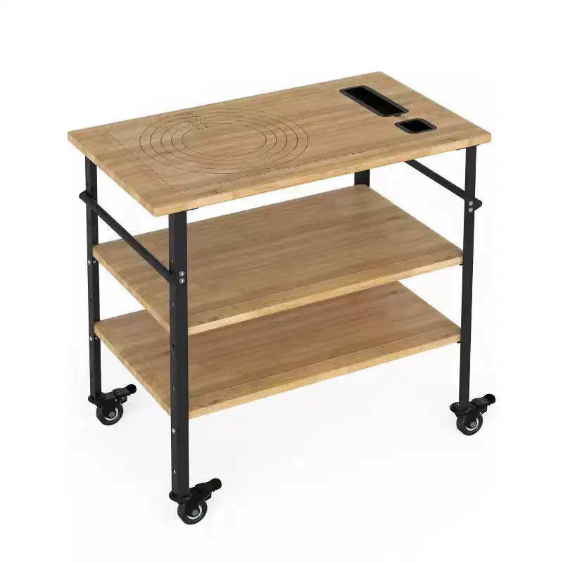 Pizza Oven Table, Outdoor Grill Table with 4 Wheels, Bamboo Wood Outdoor Bar Cart Dining Prep Table with Wine and Glasses Rack, Three-Shelf Table