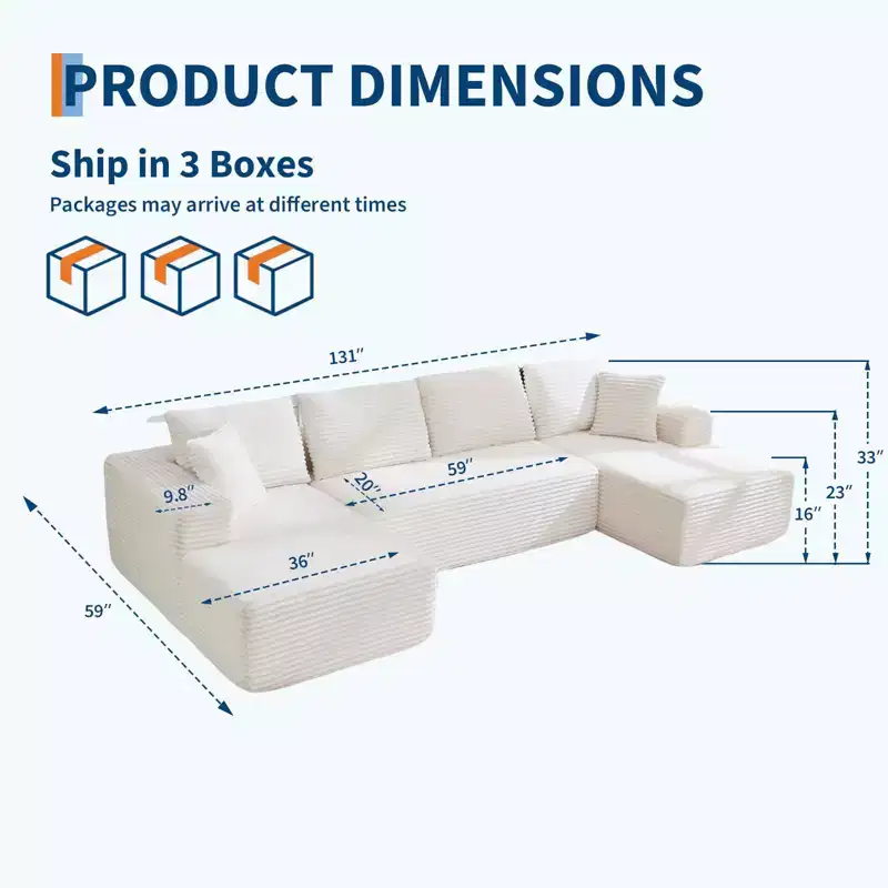 130'' U Shaped Cloud Couch Sectional Modern Modular Couch with 2 Chaise Lounge, 4-Seat Corduroy Deep Seat Sofa with Pillows for Living Room