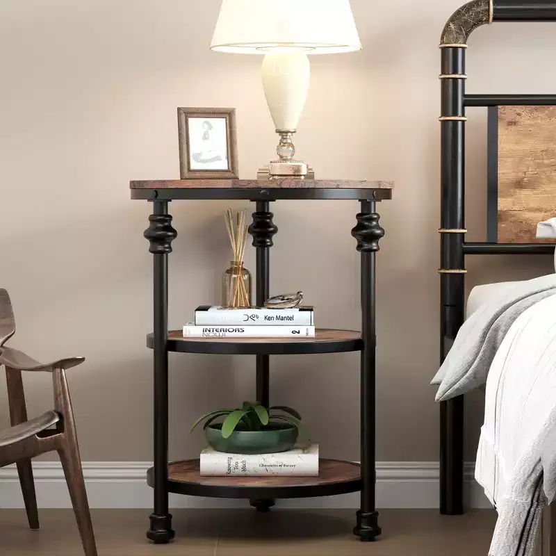 Round Side Table with 3 Shelves, Small End Table for Living Room, Bedroom, Steel Frame Nightstand & Coffee Table