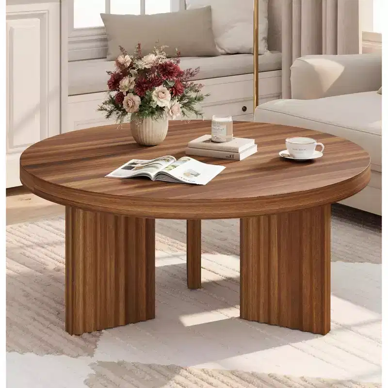 33.5 Round Coffee Table, Circle Center Table with Fluted Legs & 1.3 Thick Top, Accent Cocktail Tables for Bedroom, Living Room, Easy Assembly