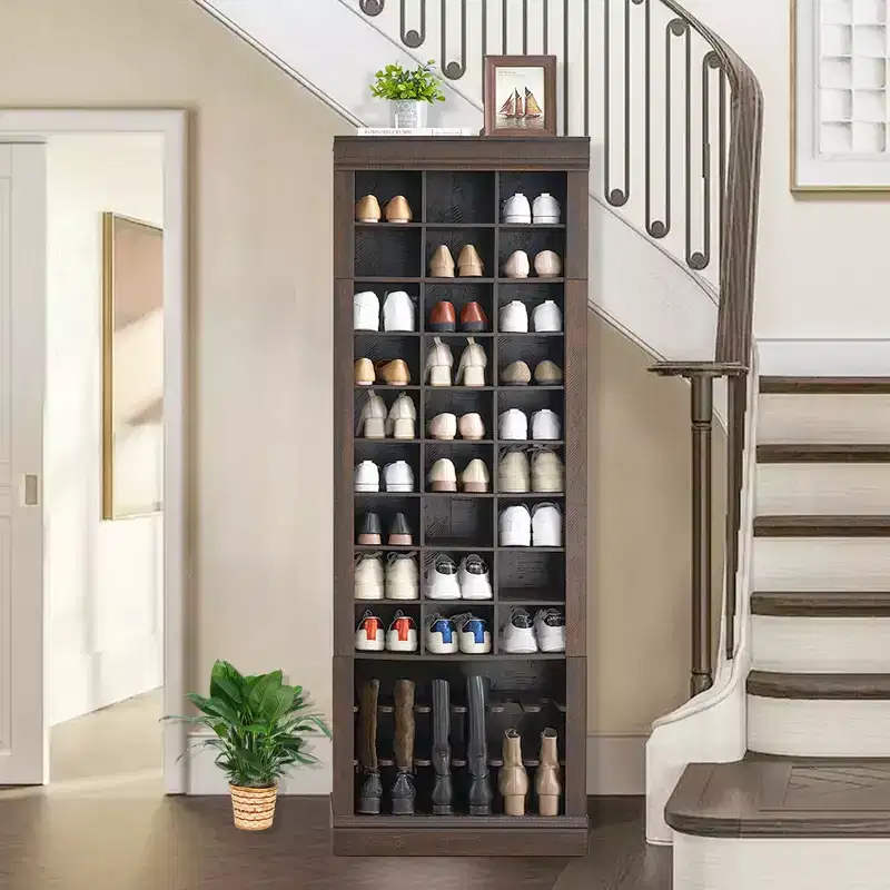 Tall 10-Tier Wooden Shoe Cabinet Organizer  27 Cubbies with Boots Racks  Freestanding Slim Rustic Entryway Storage for Hallway, 32 Pairs, Red Brown