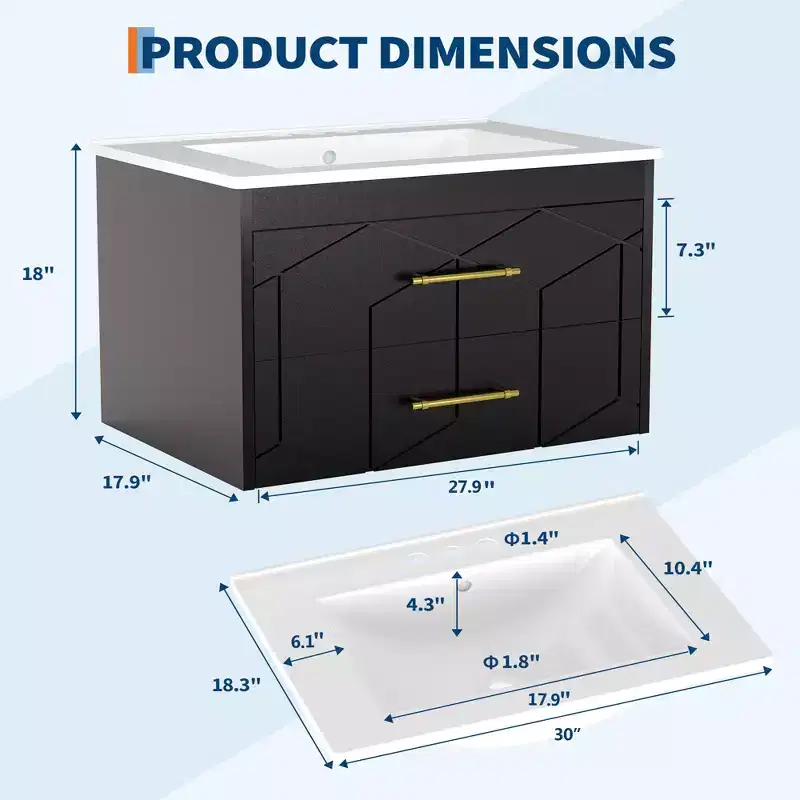 Floating Bathroom Vanity with Sink 30 inch, Modern Bathroom Sink Cabinet, Ceramic Vanity Top, 2 Large Storage Drawers with Gold Metal Handle