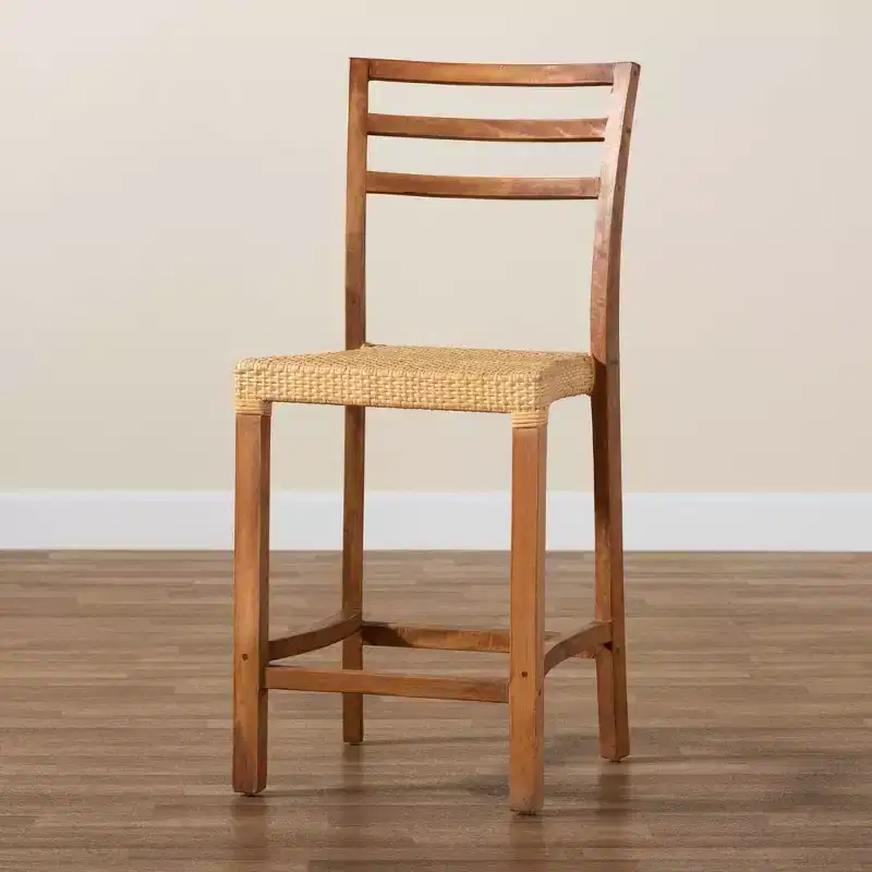 Wood and Rattan Counter Height Barstool Natural/Walnut Bohemian Style No Assembly Required