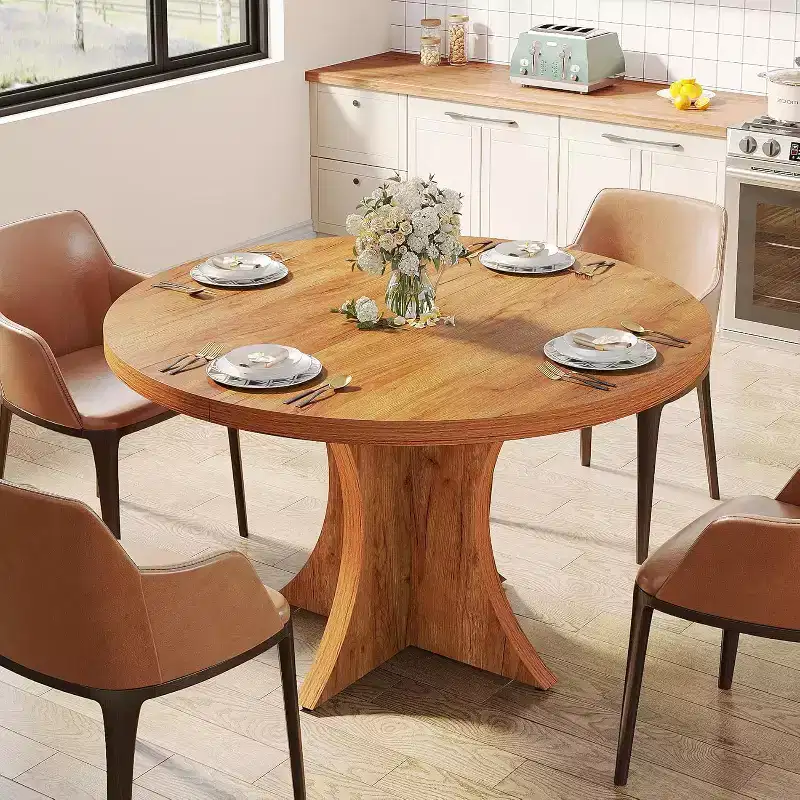 47.24-Inch Round Dining Table for 4-6, Farmhouse Kitchen Table with Pedestal Base, Small Dinner Table for Dining Room, Living Room, Brown