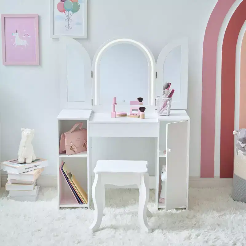 Kids Deluxe Glow Wooden Vanity Desk with LED Mirror, Storage & Stool, White