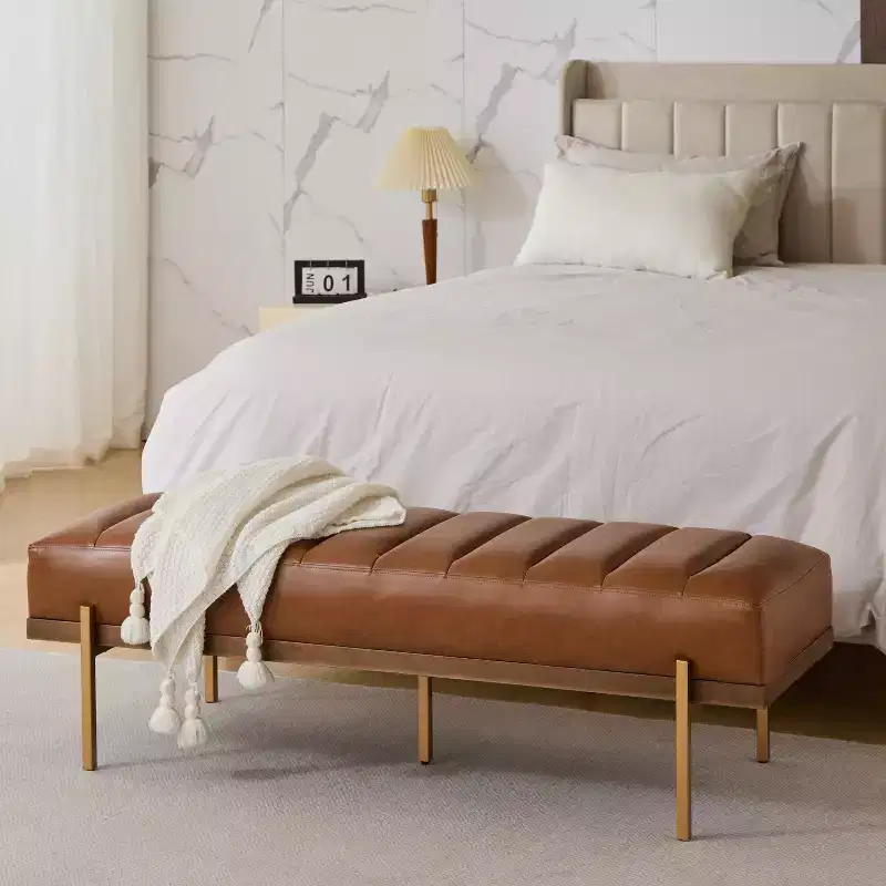 Christopher Knight Home Brimley Modern 55 W Faux Leather Channel Tufted Ottoman with Gold Base