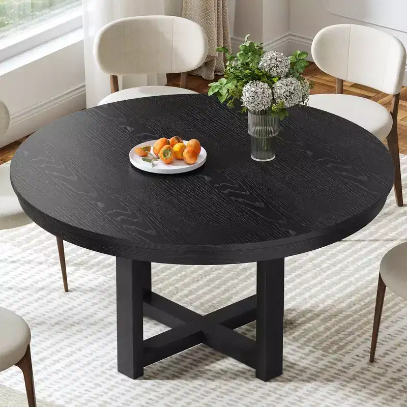 PexFix 45 x 45 Solid Wood Farmhouse Dining Table Round Wood Texture Top with Cross X Base for Modern Dining Rooms & Family Gatherings Black