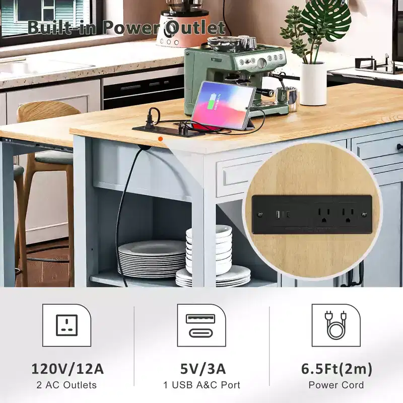 47 Kitchen Island with Extendable Dining Table Rubber Wood Veneer Kitchen Table with Storage Rack & Power Outlet & 2 Drawers 2 Cabinet Blue