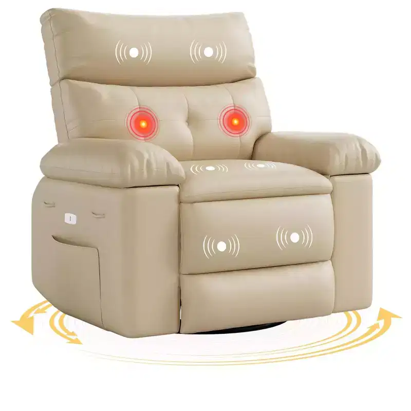 Oversized Recliner Chair with Heat and Massage - 360° Swivel, Manual Rocking, Faux Leather