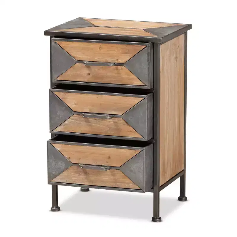 Laurel Wood 3 Drawer Nightstand Gray/Brown - Baxton Studio: Antique Metal Frame, Whitewashed Oak, Vintage Style Handle