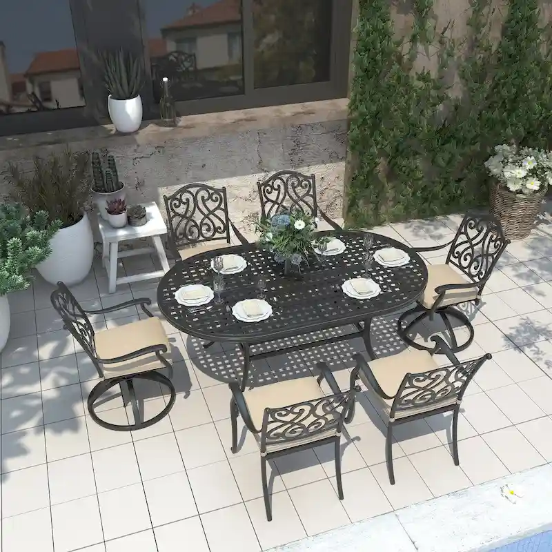 7-Piece Cast Aluminum Patio Dining Set with Cushions
