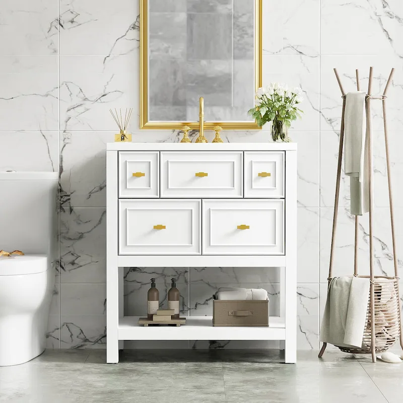 30 Bathroom Vanity with Ceramic Sink Combo, Free Standing Single Vanity Set with 5 Drawers