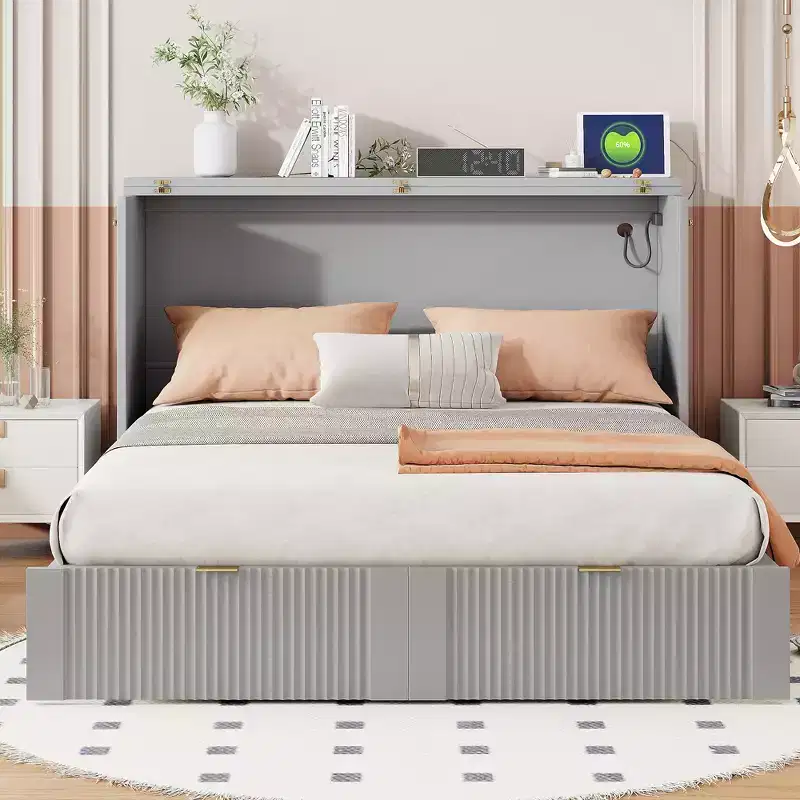 CLIHOME Full Size Murphy Bed with Drawer and Sockets & USB Ports, Pulley Structure Design